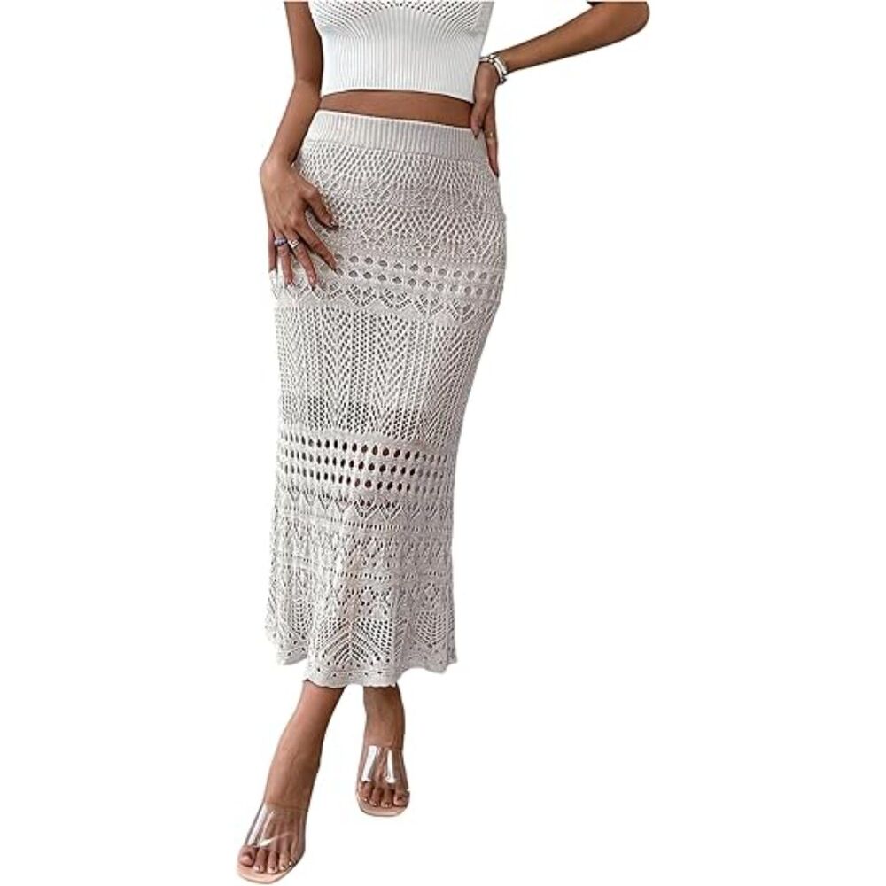 Apricot High Waist Hollow Out Knitted Stretch Maxi Skirt, XS, 5F-140B002
